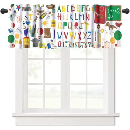 Yoakiet Alphabet Valances Curtain for Kids,Colorful Fun Cartoon Education Numbers Alphabet Learning Print Window Treatment Valance Rod Pocket Short Curtain for Baby Child Toddler 54x18inch
