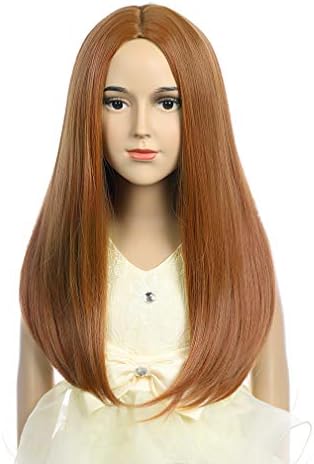 BERON Dark Orange Long Wigs Child Straight Hair Wig for Girls Middle Part Kids Wigs Cosplay Party Daily Use Wig with Wig Cap