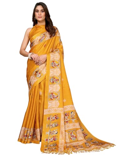 Yashika Womens Silk Pom Pom Woven Saree with Unstitched Blouse, Yellow, One size