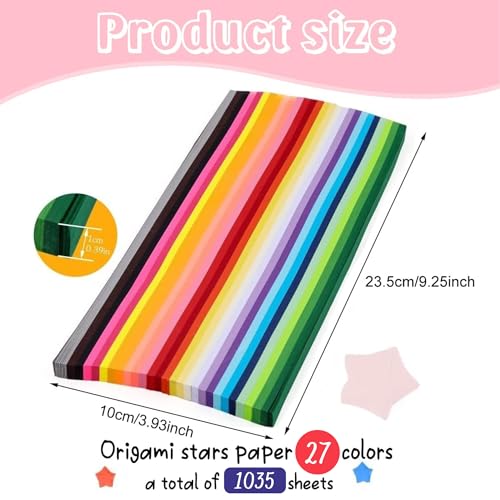 Image of FINEMOE 1035 Sheets Star Origami Paper Strips, 27 Assorted Colors, Double Sided Lucky Star Folding Paper for DIY Crafts, School Projects, Decoration, Teaching Supplies & Jar Gifts (Solid)
