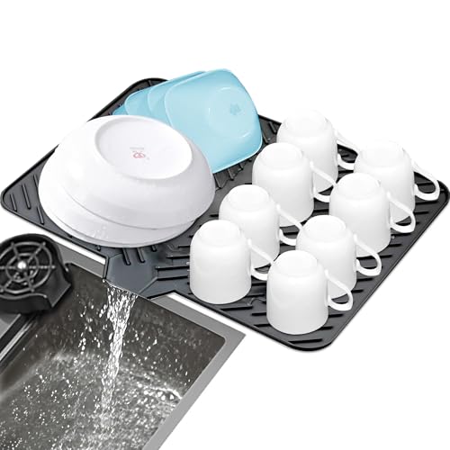 Luxet Silicone Dish Drying Mat with Built-in Drain Lip - Hygienic Drying Pad - Sturdy Compact Easy to Clean Tray Protects Surfaces Prevents Water Build Up - 23 X 17 (Black)