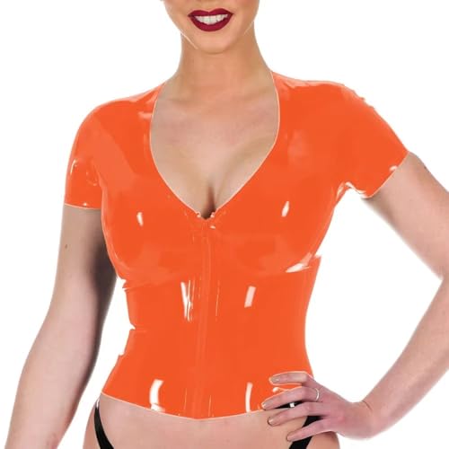 Women V-Neck PVC Leather Tops Slim Faux Latex T-Shirts Sexy