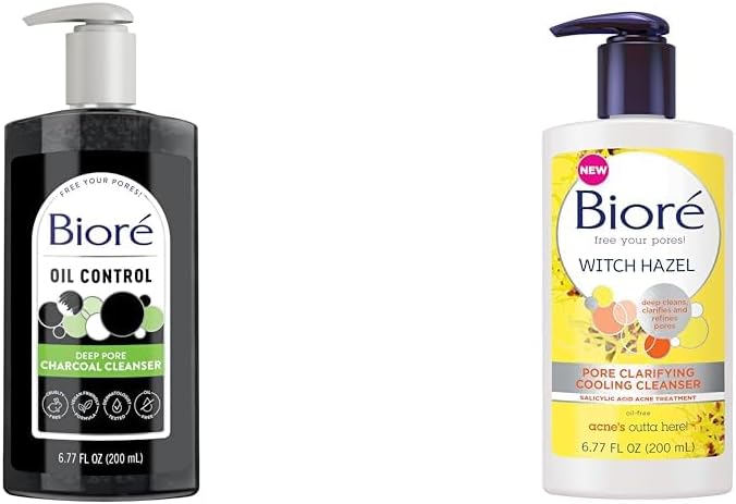 Bioré Deep Pore Charcoal Face Wash, Facial Cleanser for Dirt and Makeup Removal From Oily Skin, 6.77 Ounce & Witch Hazel Pore Clarifying Acne Face Wash, Exfoliating Facial Cleanser