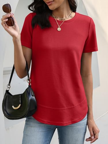 Image of ANRABESS Womens Waffle Knit Tops Short Sleeve Crewneck Shirts Curved Hem Summer Dressy Casual Blouses Spring Fashion Clothing