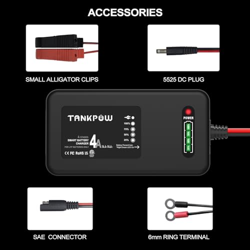 TANKPOW 14.6V 4A LiFePO4 Lithium Battery Charger,Smart Battery Charger Maintainer with 4LEDs Indicator,SAE Connector for Cars,Golf Trolley,UAV,Fishing Boat Deep Cycle Batteries(ETL Listed)
