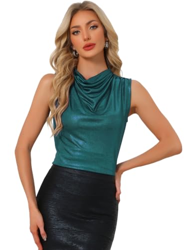 Image of Allegra K Metallic Tank Top for Women's Shiny Party Sleeveless Cowl Neck Blouse
