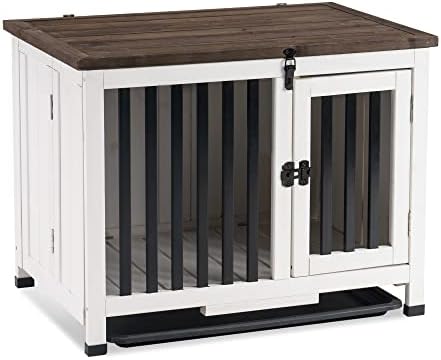 MCombo Wooden Dog Crate Furniture End Table with Door, No Assembly Portable Foldable Pet Crate Dog Kennel Indoor with Removable Tray 0651 (Small, White)