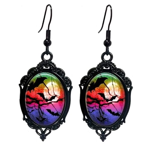 Gothic Mystery Witch Cameo Earrings,Vintage Crystal Glass Witch Dangle Earring Punk Style Mystery Earrings Goth Victorian Earring Halloween Jewelry for Women (Color Bat)