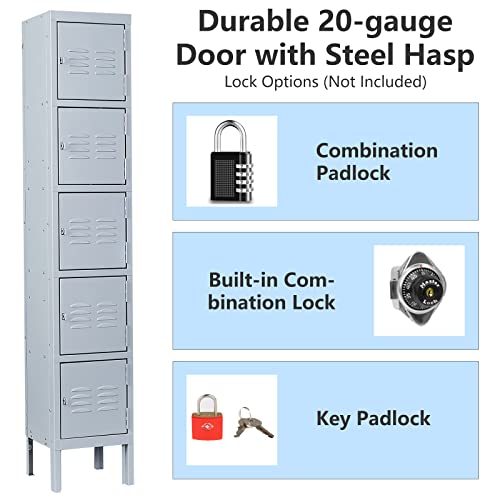 MIIIKO Metal Locker for Employees, 5 Tier Storage Shelves Cabinet, Steel Lockers with 5 Lockable Doors, for School, Home, Office, Changing Room and Gym