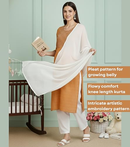 Image of DUMMY SHAPE Feeding Dresses for Women Full Set | Cotton Blend Floral Embroidered Kurta Pant Dupatta Suit with Nursing Zippers to Pre & Post Pregnancy | Gift for Pregnant Woman