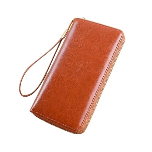 Portefeuille en cuir véritable compagnon de voyage long zippé marron