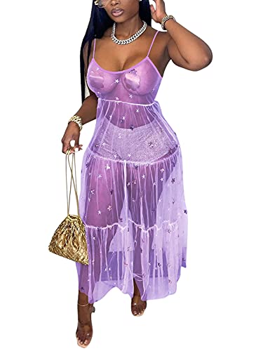 qfmqkpi Damen Sexy Spaghettiträger Stern Pailletten Maxi Langes Kleid Durchsichtig Cover Up Kleider Sommerkleid, violett, Klein Cover