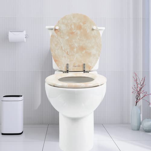 Round Toilet Seat Natural Wood Toilet Seat With Zinc Alloy Hinges, Easy To Install Also Easy To Clean, Anti-Pinch Marble Toilet Seat By Angol Shiold (Round, Beige Pink) #TOP6