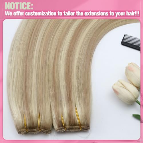 Image of YoungSee 125g Wire Hair Extensions Real Human Hair, Dirty Blonde Highlights Bleach Blonde Wire Human Hair Extensions, Invisible Hair Extension for Natural Look, 16 Inch Thick Hair Add Volume
