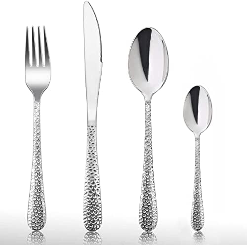 24 Piece Cutlery Set, HaWare Stainless Steel Hammered Flatware Set Service for 6, Include Knife Spoon Fork, Mirror Polished & Dishwasher Safe