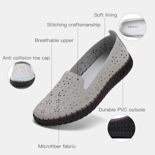 Image of Women's Summer Slip On Loafers, Breathable Perforated Hollow Cutout Flats, Comfortable Vegan Leather Walking Work Shoes for Women, Heart Floral Geometric Pattern Soft Sole Casual Summer Footwear