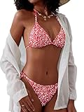 GORGLITTER Damen Bikini Set Triangel Zweilteiliger Bikini Sets Neckholder Bikinis Triangle Badeanzug Boho Hohe Taille Blumenmuster Swimmsuits Bademode Rot XL