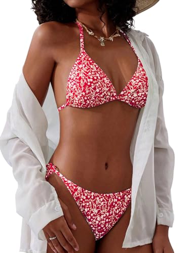 GORGLITTER Conjunto de bikini para mujer, triángulo, de dos piezas, con cuello halter, triángulo, boho, cintura alta, diseño floral, traje de baño, rojo, S