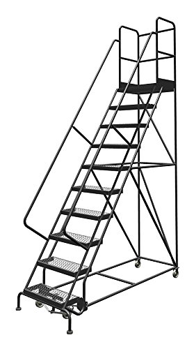 Image of Tri-Arc KDSR110242-D3 10-Step 30 inch Deep Top Steel Rolling Industrial & Warehouse Ladder with Handrails, 24 inch Wide Grip Strut Tread