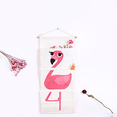 Waterproof Durable Cute Cartoon Wall Door Closet Hanging Storage Bag Case with 3 Pockets Canvas Fabric Practical Home Organizer for Home Decor Children's Bedroom & Door (Flamingo)