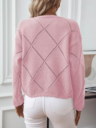 Womens Crew Neck Crochet Long Sleeve Hollow Out Knit Sweaters Fashion Lightweight Loose Casual Sequin Pullover Tops2