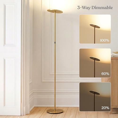 Image of Brightech Sky LED Floor lamp, Torchiere Super Bright Floor Lamp for Living Room Decor & Office - Dimmable, Tall Standing Torch Lamp with Warm Light for Bedroom & Reading - Gold Brass