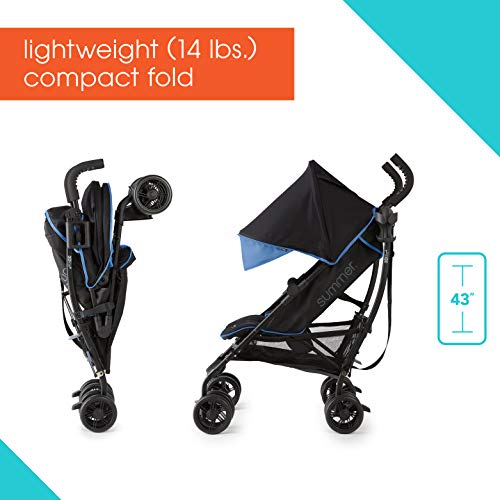 Summer 3Dlite+ Convenience Stroller, Blue/Matte Black – Lightweight Umbrella Stroller with Oversized Canopy, Extra-Large Storage and Compact Fold