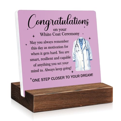 PUVOXHO Congratulations on Your White Coat Ceremony Pink Acrylic Sign with Wooden Stand, Medical School Graduation Gifts for Physician Assistant, MD, DPT, DO, Doctor Graduation Keepsake