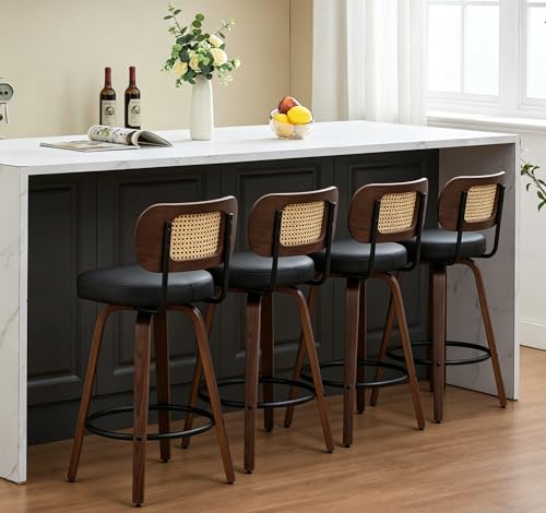 Image of YaFiti Swivel Bar Stools Set of 4, 26 inch Rattan Counter Height Bar Stools, Swivel Counter Stools with Cane Back & Upholstered Seat for Island /Kitchen /Counter /Bar (Dark Black)