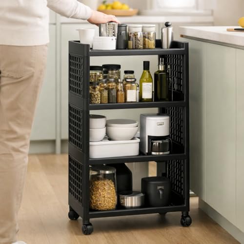 Image of 4 Tier Multipurpose Plastic Trolley with Wheels | Storage Rack Organizer | Bathroom Trolley Organizer | Kitchen Trolley with Wheels | Plastic Rack Kitchen | Black