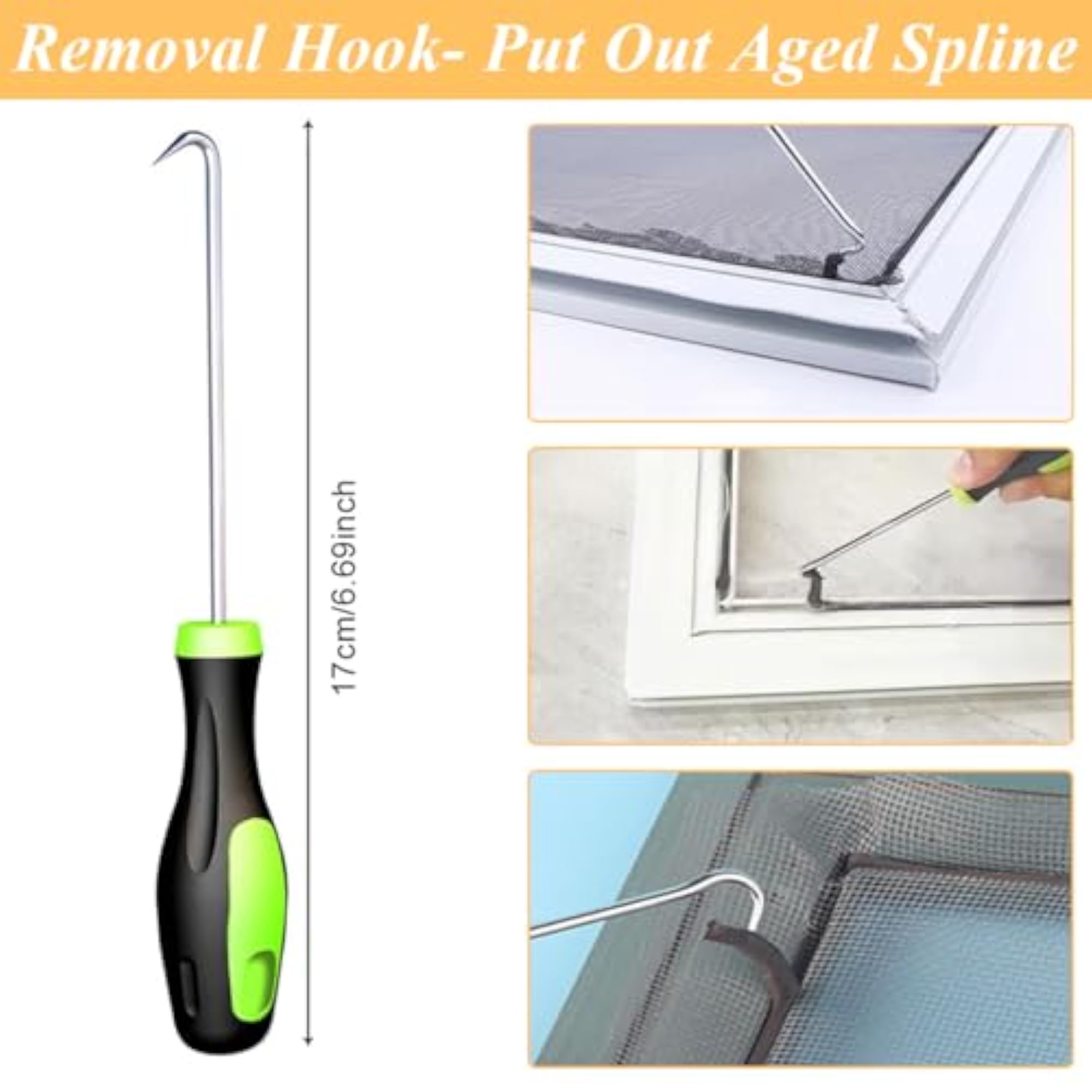Steel/Nylon Spline Screen Roller Tool with Bearing Removal Hook
