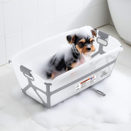NEZART Multipurpose Collapsible Pet Bathtub with Water Drain Plug, Fold-able Bathtub for Puppy Small Dogs Cats, Portable & Space Saving Design, Gray