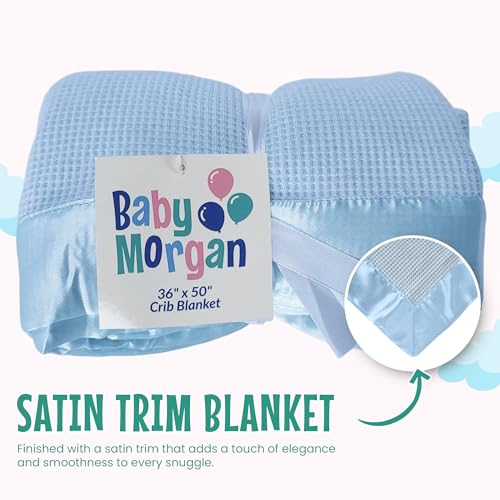 Image of Blankets Thermal Waffle Baby Blanket Crib Bedding - Soft Cozy Warm Infant Thermal Cover for Nursery Stroller or Bassinet, Lightweight Ideal Shower Gift, Satin Trim Blue 36 inch x 50 inch