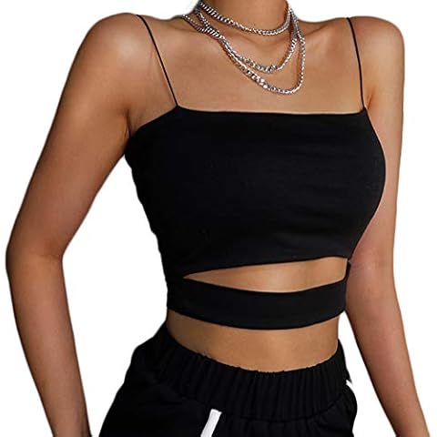 Corvelia Women's Sexy Split Front Spaghetti Strap Camisole Cami Sleeveless Tank Top Crop - Black, S Cover