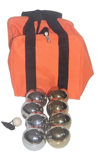 BuyBocceBalls Listing - 73mm Metal Bocce/Petanque Set with 4 Gold and 4 Silver Balls and Heavy Duty Orange Nylon Bag - Single