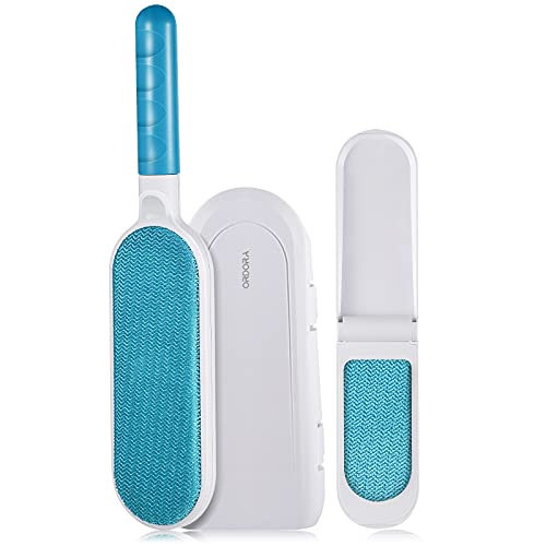 ORDORA Pet Hair Remover Brush for Clothes, Furniture Double-Sided Dog Hair Remover Brush with Travel Brush, Self-Cleaning Base Cat Hair Remover Brush, Remove Cat and Dog Fur for Couch, Bedding- Blue
