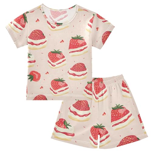 ALAZA Strawberry Cake Cartoon Pajamas Short Sleeve 2 Piece Sleepwear Top and Bottom Pajama Set Unisex