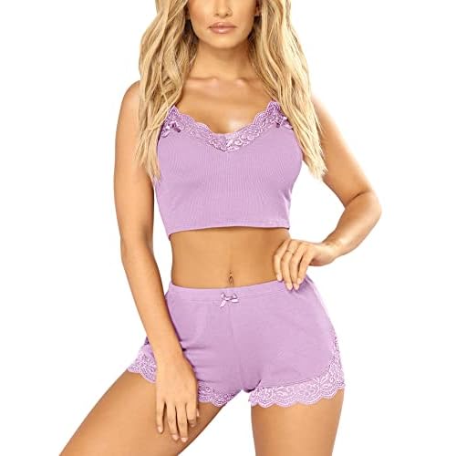 RSLOVE Pajamas Set Women's V-Neck Sleeveless Sleepwear PJ Set Soft Lace Cami Set with Short Pants Nightwear XX-Large Lavender