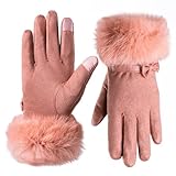 Hysenm Women Winter Gloves With Touch Screen Fingers Warm Suede Gloves Texting Thermal Windproof Mittens for Driving Running,Pink
