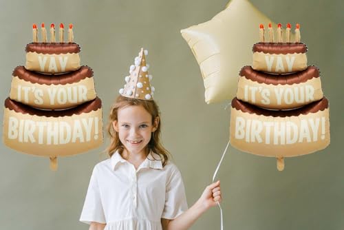 Image of Happy Birthday Large Cake Foil Balloons 40 Inch Three-Layer Big Cake Happy Birthday Cream Coffee Mylar Helium Balloon for Girls Boy Women Kids Baby Shower Birthday Party Decorations Supplies 2 Pcs