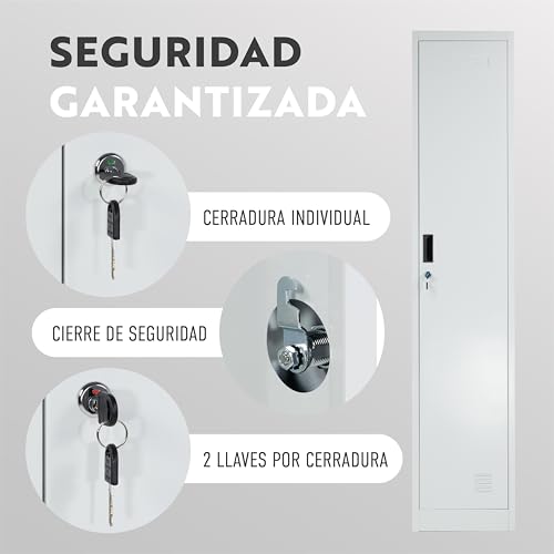 BRINDEK Taquilla Vestuario metálica 1 Puerta Blanca RAL 9016-185x38x45 cm con Cerradura, balda y Barra Interior - Incluye Llave | Armario metálico Estrecho Garaje Oficina Locker - imagen 10