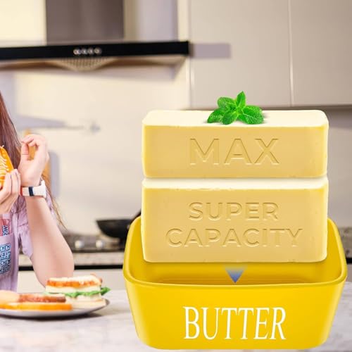 Image of Ceramic Butter Dish with Wooden Lid, Airtight Butter Keeper for Counter or Fridge with Stainless Steel Multipurpose Butter Knife, Butter Container with Double High-Quality Silicone(Yellow)