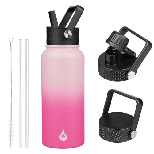 Image of BJPKPK Insulated Water Bottles with Straw Lid, 32oz Metal Large Water Bottle with 3 Lids, Reusable Leak Proof BPA Free Thermo, Stainless Steel Tumblers for Sports, Gym, Travel-Cherry