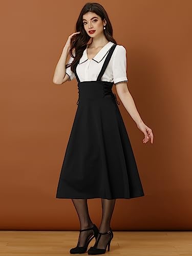Allegra K Vintage Overall Skirts for Women's High Waisted Lace Up Flared Midi Suspender Skirt4