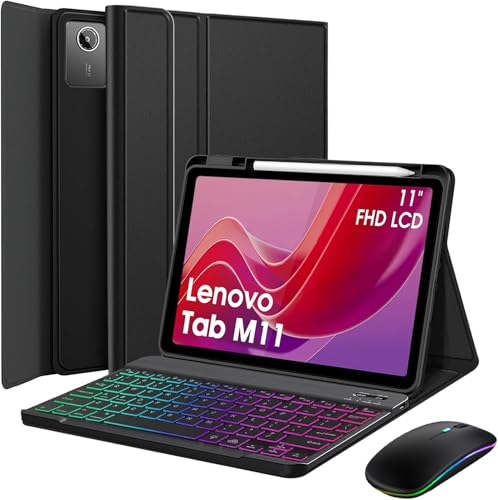 Nanhent Keyboard Case for Lenovo Tab M11 / K11 LTE 11 inch 2024, LED Bluetooth 2.4G Mouse, 7 Color Rainbow Backlight Detachable Bluetooth Keyboard Cover with HD Screen Protector
