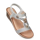 SHIBEVER Womens Wedge Sandals Flower Low Silver Heels Platform Sandals Elastic Ankle Strap Rhinestone Summer Comfortable Shoes 8