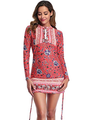 Women's Long Sleeve Half-Zip Sun Protection Floral Rashguard Side Adjustable Swim Shirt Ca105-F82-Xl #TOP3