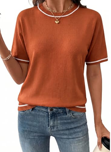 Image of SHEWIN Womens Tops Trendy Short Sleeve Shirts Crewneck Lightweight Knit Sweater Top Business Casual Outfits