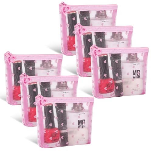 Fassave 6 Pack Mini Zipper Mesh Makeup Bags, Heart Print Nylon Cosmetic Bags Toiletry Bags for Office Travel Organization (Widened-Pink, XS)