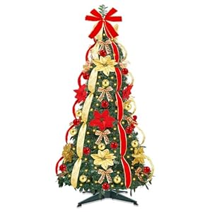 [ 8 modes & timer ] 6 ft prelit full pop up christmas tree with 200 warm white led lights, ornaments, red & gold ribbon, bows, plug in collapsible christmas trees outdoor indoor christmas decor